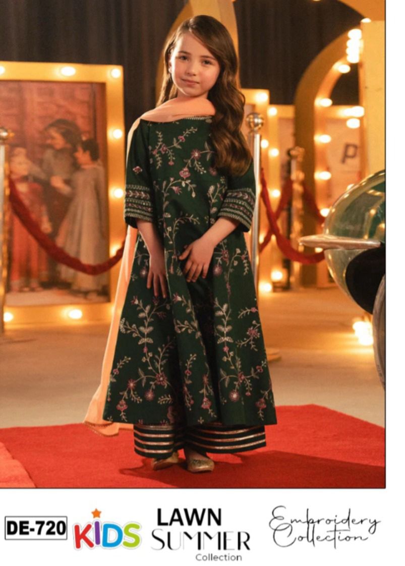Kids 3PC Embroidered Summer Dress With Net Dupatta - Unstitched