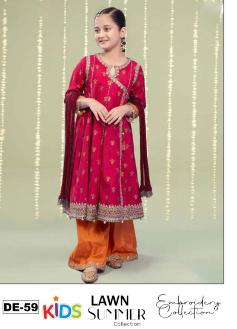 Kids 3PC Embroidered Summer Dress With Net Dupatta - Unstitched