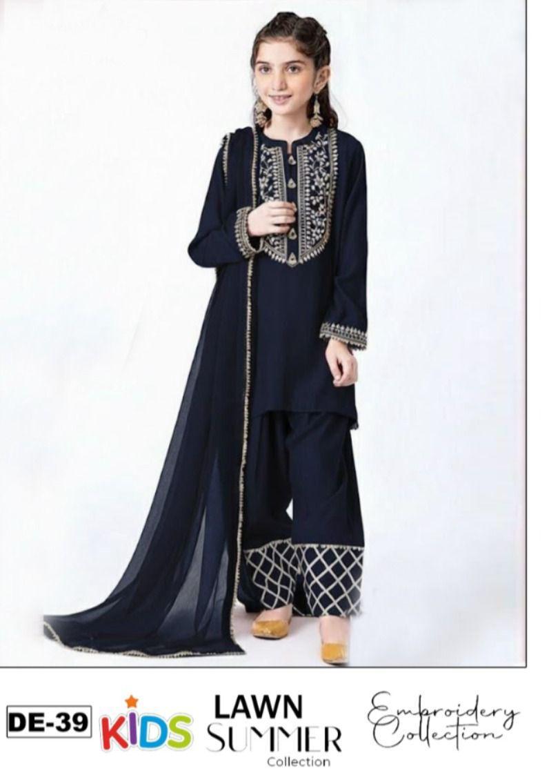 Kids 3PC Embroidered Summer Dress With Net Dupatta - Unstitched